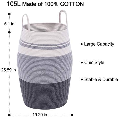 Large Laundry Basket Hamper Woven Blanket Basket Clothes Hamper | 105L Tall Clothes Hamper, Extra Large Rope Wicker Laundry Basket, Storage Basket for Toys in Bedroom, Living Room Organizer
