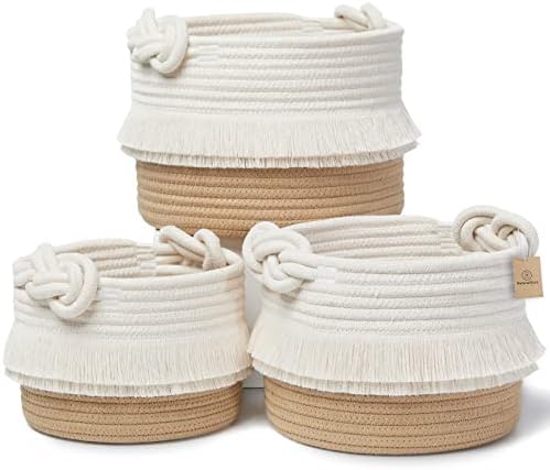 NaturalCozy 3-Piece Decorative Storage Basket Set – Cotton Rope Woven Baskets for Organizing! Small Basket for Nursery Baby Stuff, Gift Basket, Montessori, Dog Toy Bin, Cat Basket, Bathroom Shelves