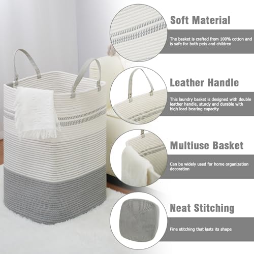 danpinera 100L Nursery Hamper, Tall Woven Laundry Basket with Long Leather Handles, Boho Laundry Hamper for Living Room & Bedroom, Eco-friendly & Convenient Decorative Storage Basket White & Gray