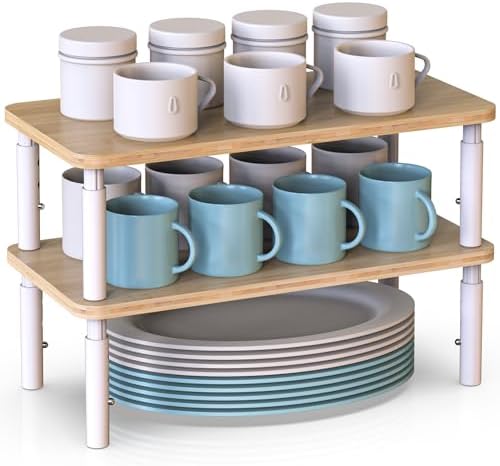 Bamboo Cabinet Organizer Shelf 2 Pack, Height Adjustable | Stackable Kitchen Shelf Organizer Wood Spice Rack Storage for Kitchen and Bathroom Cabinet, Pantry & Countertop