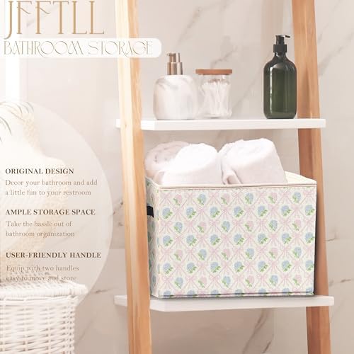 Coquette Pink Bow Hydrangea Floral Storage Bins with Handles, Pink and Blue Grandmillennial Flower Collapsible Laundry Basket Storage Box for Home Bedroom Bathroom Clothes Toys Books