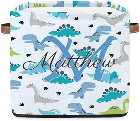 Personalized Storage Baskets for Organizing, Foldable Storage Bins with Handles Custom Cute Basket for Boys, Girls, Pet, Clothes, Blanket, Bedroom Nursery Toy Storage Gift,13 x13 x13 In, Dinosaur