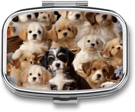 Travel Portable Pill Box with Mirror Cute Pet Dogs Printed Rectangular Medicine Box 2 Compartment Medicine Case Vitamin Pill Organizer for Fish Oils Supplements