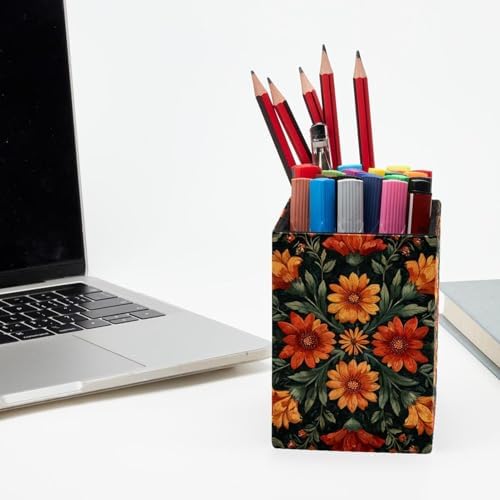 Artistic Flower Pen Holder for Desk Decor, Rectangular PVC Leather Pencil Cup for Desk Pen Organizer, Makeup Brush Holder for School, Home, Office