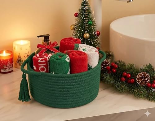 Small Gift Basket Empty to Fill with Gifts Bag & Ribbon, Green | Cute Decorative Mini Woven Rope Basket with Handles for Gifting; Reusable for Bathroom Counter or Desk Catchall, 8 x 4.7 in