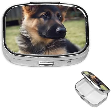 German Shepherd Puppy Pill Box 2 Compartment Medicine Pill Organizer Square Pill Case for Purse & Pocket Travel Pillbox Portable Metal Medicine Vitamin Fish Oil Organizer Unique Gift
