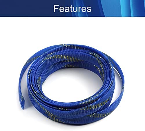 Jutagoss PET Expandable Braided Cable Sleeve, 16.4ft - 5/8 inch Blue Gold Cable Management Sleeve, Wire Loom Tube Cord Protector for USB Cable, Power Cord, Audio Video and More, 1Pc