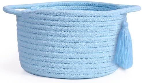 Small Gift Basket Empty to Fill, Gifts Bag & Ribbon, Light Blue | Cute Decorative Mini Woven Rope Basket with Handles for Gifting; Reusable for Bathroom Counter or Desk Catchall, 8 x 4.7 in
