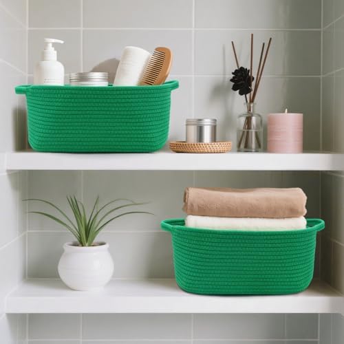 Woven Basket with Gift Bags and Ribbons, 14"X 10" X 6" Storage Basket Green | Gift Storage Organizer Basket Bin Shelf Shelves Cotton Rope Basket for Nursery, Pet Toys