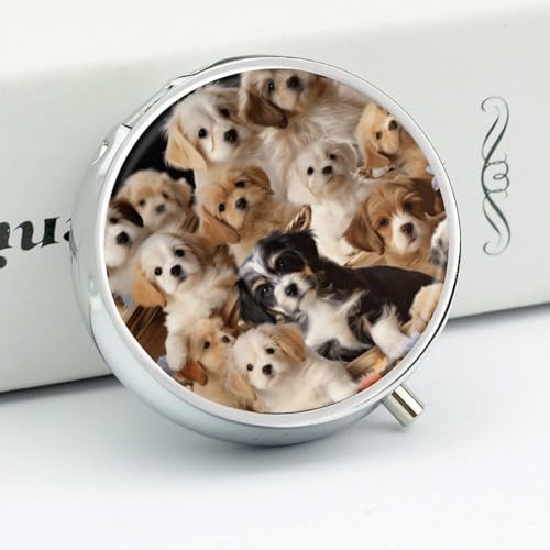 Cute Pet Dogs Pill Box 3 Compartment Metal Round Pill Case Travel Pill Organizer Small Portable Medicine Vitamin Container for Purse and Pocket to Hold Vitamins Supplements