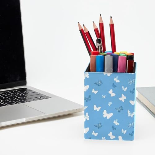 Butterflies Pen Holder for Desk Decor, Rectangular PVC Leather Pencil Cup for Desk Pen Organizer, Makeup Brush Holder for School, Home, Office