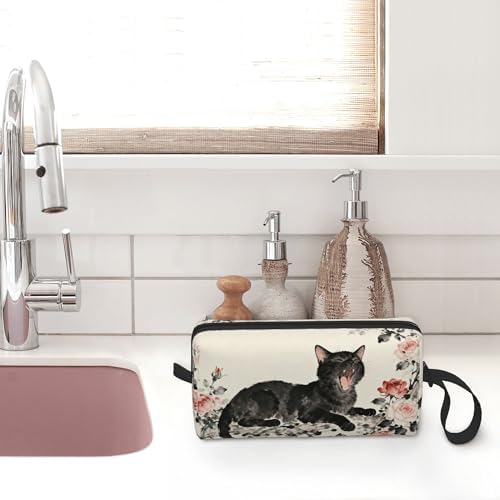 Yawning Black Cat Roses Makeup Bag for Women with Wrist Strap | Durable 600D Oxford Fabric Cosmetic Organizer,Compact Travel Pouch with Handle for Gym & Daily Use