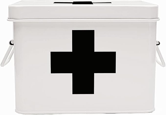 Lassos Boutique Retro Enameled First Aid Box for Medicine Storage and Home Decor with Lid and Removable Tray (White/Black)