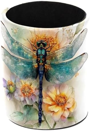 Faux Leather Pen Holder for Desk, Pencil Organizer Dragonfly Pen Cup Desk Decor Makeup Brush Holder Storage for Office Home