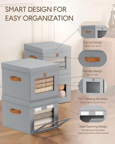 Homsorout Storage Bins with Lid – Closet Organizer with Side Opening and Clear Window, Foldable Stackable Fabric Basket for Clothes, Home, Office - 13.77" x 11.8" x 9.8", 4 Pack, Grey
