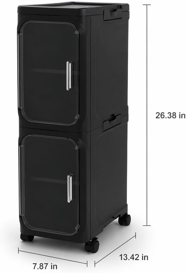 2 Tier Slim Narrow Bathroom Storage Cabinet with Wheels, Foldable, Black | Tools Free, Adjustable Shelves,Lockable Wheels, Magnetic Door, PET and ABS, Storage for Narrow Spaces