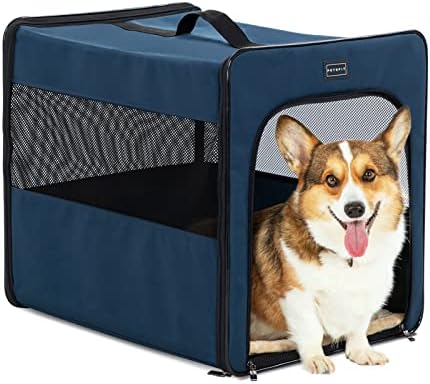 PETSFIT Soft Sided Dog Crate, Portable Dog Crate - 24 Inch with Thicken Mat, Easy to Fold, Sturdy and Portable, Perfect for Traveling, Collapsible Dog Kennel Navy Blue