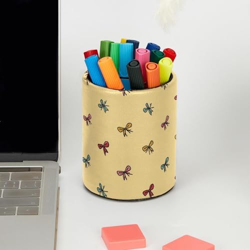Faux Leather Pen Holder for Desk, Pencil Organizer Colorful Bow Pen Cup Desk Decor Makeup Brush Holder Storage for Office Home