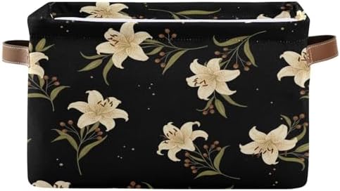 Kigai Lily Flower Storage Basket with Handles Waterproof Collapsible Storage Bin Canvas Fabric Basket Decorative Box Closet Organizer for Nursery Bedroom Office
