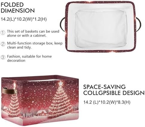 Christmas Tree Red Storage Basket with Waterproof Liner and PU Handles Xmas Winter Snow Scene Storage Bins Boxes 14.2" Collapsible Decorative Organizer Baskets for Bedroom Closet Office 1 Pack
