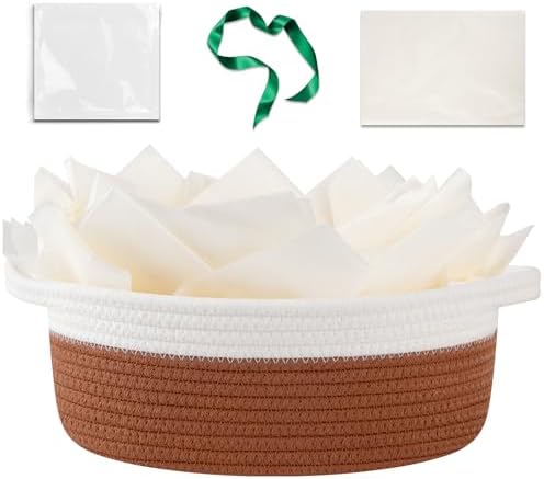 OIAHOMY Gift Basket Empty with Handle, 12"x 8"x 5" Small Woven Basket with Gift Bag, Ribbon and Wrap Tissue Paper, Dog Toy Storage for Organizing - Rust Red & White