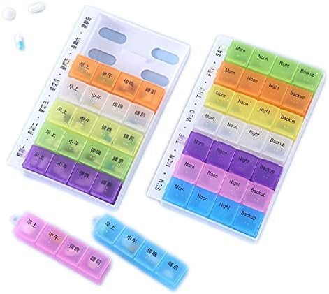 Psivika 2 Pack Weekly Pill case Colorful Pill Organizer Medicine Storage 28 compartments 7 Day Pill Box Case with Morn/Noon/Night/Backup Reminder