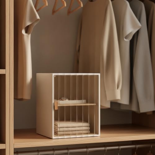 Storage With Door Organizer Drawer And Shelf Ribbed Pp Structure Space Saving Layout With Side Handle Suitable for bedroom living room , Large Transparent Brown With One Partition , Modern Minimalist