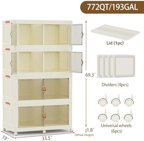 SAILUN 760Qt Stackable Storage Bins,Storage Cabinet with a Lid,4 Pack Cream