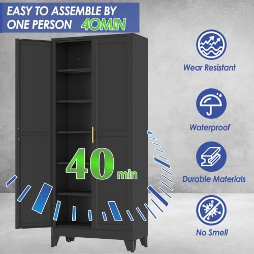 75" Metal Garage Storage Cabinet with 2 Doors, 5 Adjustable Shelves