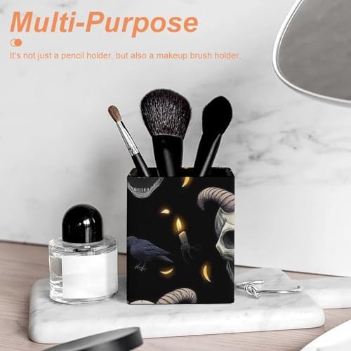 Women's Makeup Brush Cup Desktop Stationery Organizer Goth Raven Skull Goat Leather Pen Holder