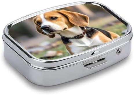 Metal Pill Box with Mirror - 2 Compartment Travel Pill Case for Purse Portable Pillbox Compact Vitamin Container Ovely Pet Dog Beagle Medicine Organizer for Fish Oil & Supplement