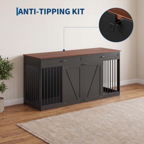 71'' Dog Crate Furniture for 2 Dogs, Dog Crate with 2 Drawer, Farmhouse Dog Crate with Removable Divider Dog Kennel Furniture, Heavy Duty Dog Cage and TV Stand for Large Medium Dogs
