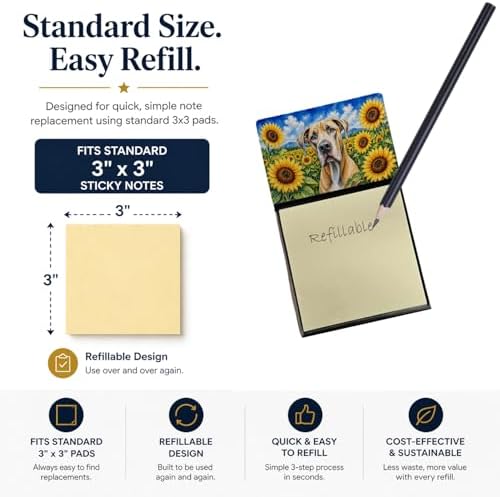 Caroline's Treasures Great Dane in Sunflowers Watercolor Sticky Note Holder Refillable Dispenser Desk Accessory 3x3 Pad Gift