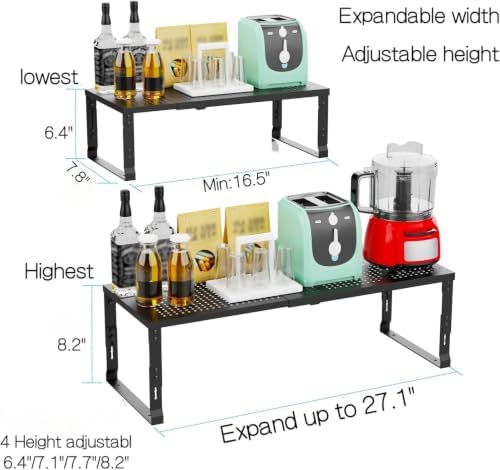 Heavy-Duty Adjustable Metal Shelf Organizer - Expandable & Stackable Pantry Storage Rack for Kitchen, Bathroom, RV, Cabinets(1 Pack/Black, Large)