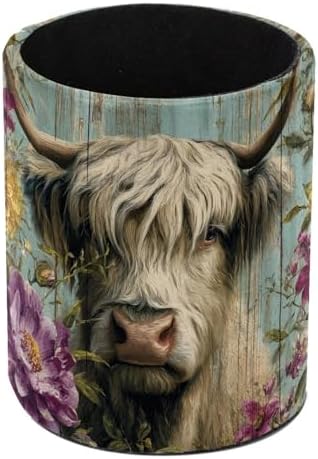 Faux Leather Pen Holder for Desk, Pencil Organizer Highland Cow Pen Cup Desk Decor Makeup Brush Holder Storage for Office Home
