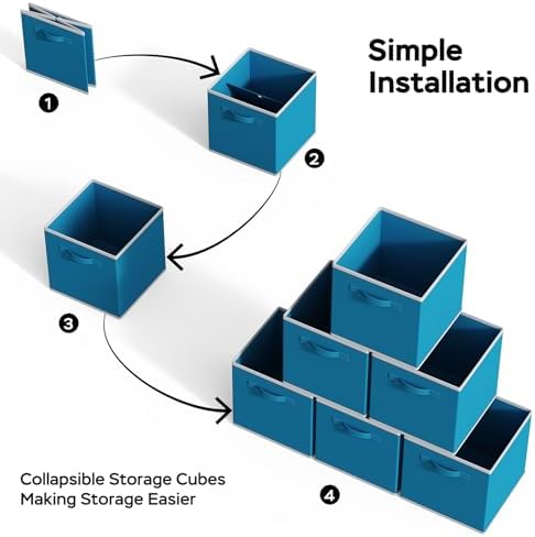 MAX Houser 6 Pack Foldable Fabric Storage Bins with Dual Handles, Blue | 6 pack cloth storage bins with dual carry handles, Foldable Storage Cubes Organizer Baskets, ideal for home bedroom closet