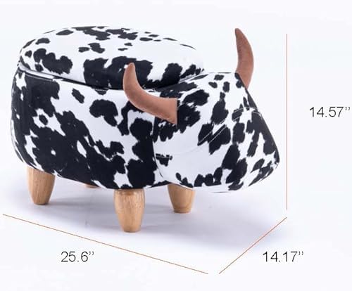 Home 2 Office Cow Ottoman with Storage for Bedroom, Playroom, Nursery or Recreation Room Decor, Soft Animal-Shaped Ottoman with Wooden Legs