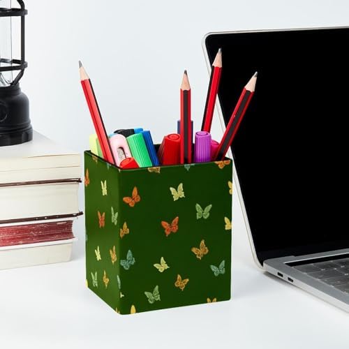 Butterfly Pen Holder for Desk Decor, Rectangular PVC Leather Pencil Cup for Desk Pen Organizer, Makeup Brush Holder for School, Home, Office