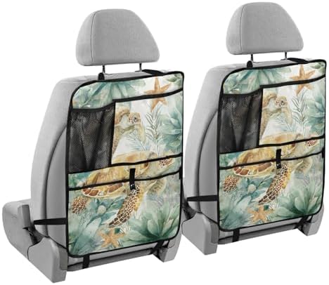 2 Pack Back Seat Car Organizer with Storage Pockets Kick Mats Back Seat Protector Hanging Car Organizer Automotive Seat Back Cover Organizers Sea Turtle Starfish Plants