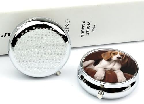 Portable Pill Box 3 Compartments, Small Round Metal Medicine Organizer for Pocket, Ovely Pet Dog Beagle Pill Case for Vitamins, Fish Oil, Supplement & Travel