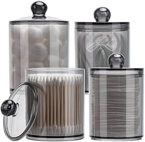 Tbestmax 4 Pack Qtip Holder 10-Ounce, 12-Ounce Bathroom Organizer Accessories Storage Containers Plastic Apothecary Jars with Lids for Cotton Ball, Cotton Swab, Floss, Black