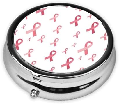 Round Pill Holder, Waterproof Organizer Case, Compact Travel Pill Box for Vitamins, Pocket Purse Use for Seniors, Breast Cancer Awareness Pink Ribbons White