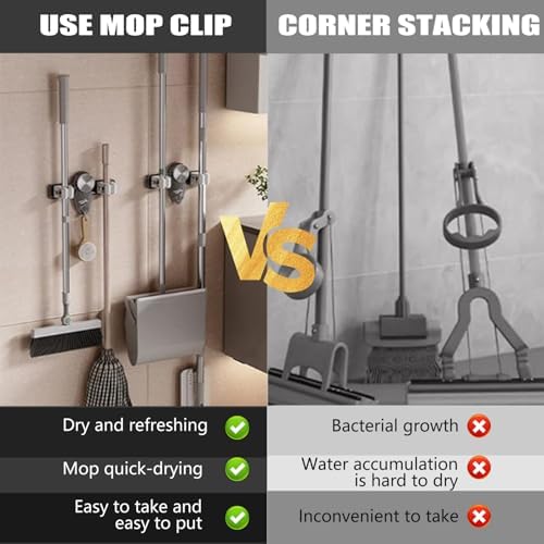 2PCS Suction Cup Broom Holder Wall Mount, No Drill Mop and Broom Organizer with Retractable Towel Rack, Transparent Bathroom Storage, Grey Holder and Mop Wall Mount Hanger Organizer Hangi