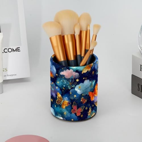 Faux Leather Pen Holder for Desk, Pencil Organizer Butterfly Pen Cup Desk Decor Makeup Brush Holder Storage for Office Home