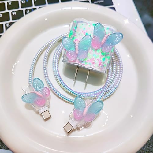 Compatible with iPhone 18W/20W Charger Cover Cute Color Butterfly Design DIY Soft Charger Cord Protector Bling 3D Butterflies Cable Saver for iPhone 13 14 15 16 Pro Max Charger Adapter
