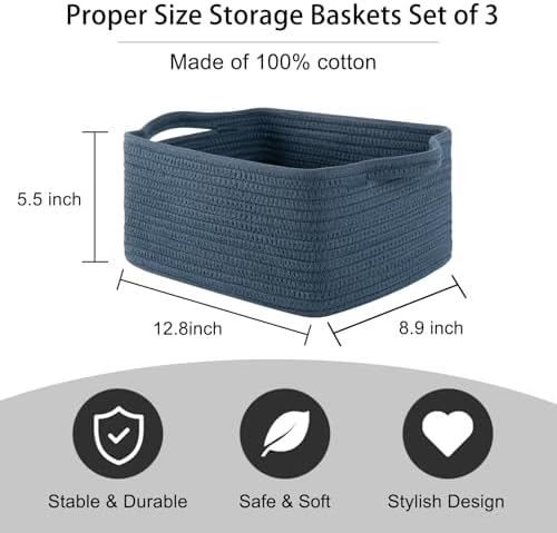 OIAHOMY 3 Pack Storage Baskets for Shelves Cotton Rope Storage Bins Blue | Woven Baskets for Storage Nursery Storage Basket with Handles Baskets for Organizing Small Baskets Gift Baskets Empty