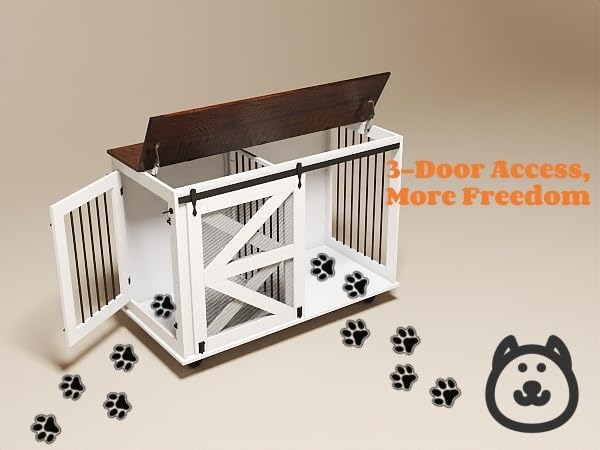 47.2'' Mobile Dog Crate with Flip-Top Feeder & Dual Doors, Multi-Purpose Pet Kennel with 5-Wheel Caster System,Locks & Side Hooks, Brown White, Brown White