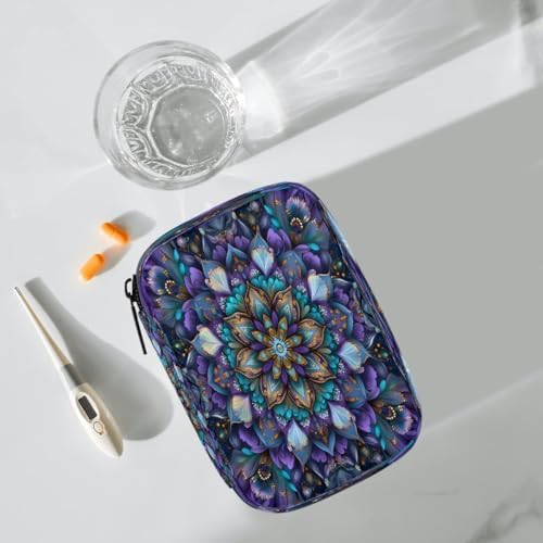 Pill Organizer Box Mandala Ethnic Style Purple 7-Day Weekly Medicine Pill Case Travel Pill Container Portable Pill Holder Storage Purse Bag Small Compact Size for Vitamin Supplement Birth Control