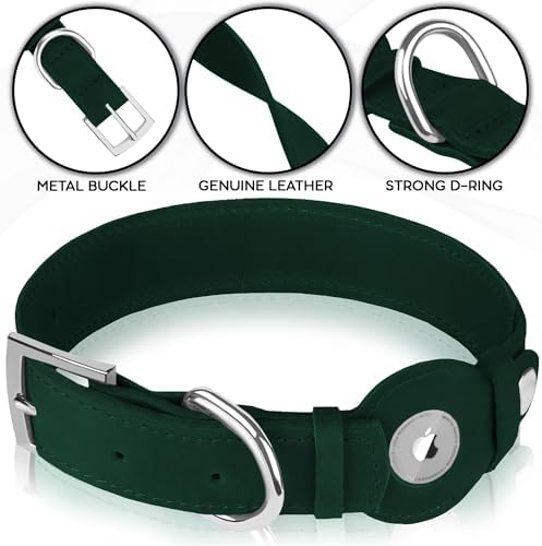 Leather Dog Collar with Airtag Holder - Apple Air Tag Dog Collars - Soft Tracking GPS Pet Collar for Small Medium Large Dogs Breed Puppy (Green, S, 9"-12" Neck Fit)