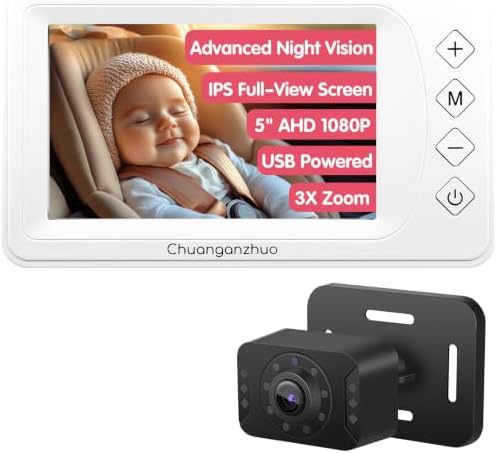 Baby Car Camera with Advanced Night Vision, AHD 1080P 5inch IPS Full View Baby Monitor, Carseat Camera for Kids Infants Rear Facing Mirror, USB Powered, 5inch, Off-White